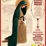 Cartel del rosario por la vida con la virgen encinta arrodillada y la información del evento