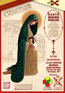 Cartel del rosario por la vida con la virgen encinta arrodillada y la información del evento