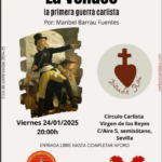 Cartel de un evento en sevilla que pone los datos y una imagen de un general vandeano y un corazón con cruz y el lema "dieu et le roi"