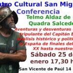 Cartel del evento con telmo aldaz de la cuadra con un casco con morrión de conquistador y los detalles del evento